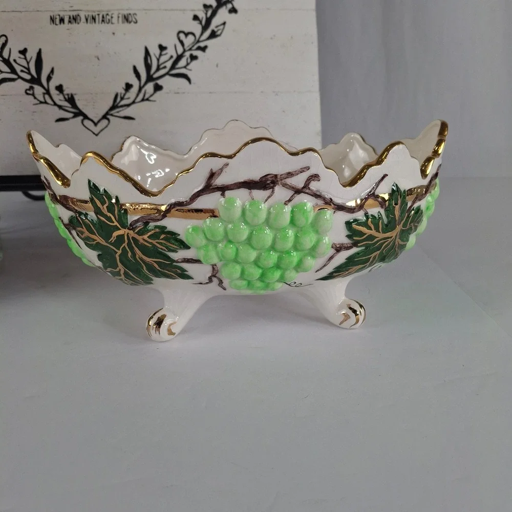 Vintage 1960 Signed SLF Ceramic Footed Bowl Green Grapes Gold Gilt Scalloped Rim
